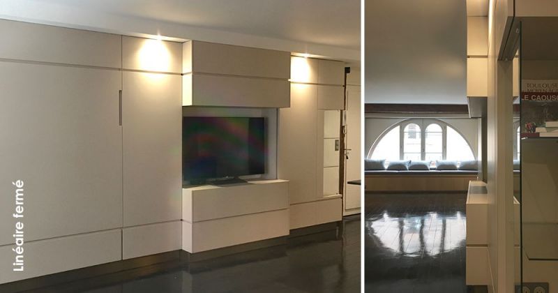 Studio à l'esprit hôtel de standing composé de rangements sur-mesure, de miroirs, dekton, bois et métal - Julie Béringué Architecte d'intérieur à Toulouse