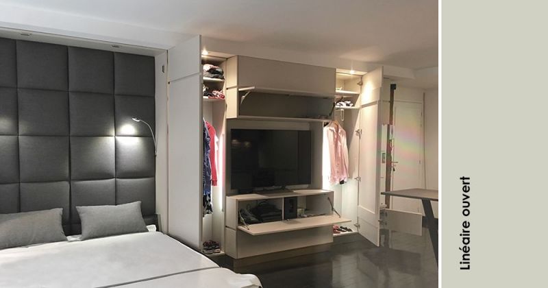 Studio à l'esprit hôtel de standing composé de rangements sur-mesure, de miroirs, dekton, bois et métal - Julie Béringué Architecte d'intérieur à Toulouse
